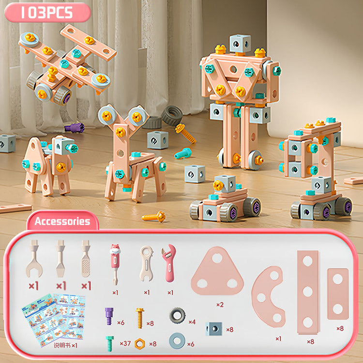 【103 części】🌈Zabawka DIY: Zabawka edukacyjna zawierająca proste klocki, zabawki, skrzynkę z narzędziami i wiertarkę.