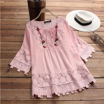 ❤️🔥🌸【S-5XL】Damska luźna koszula z koronką, dekoltem w serek, w jednolitym kolorze 3918266
