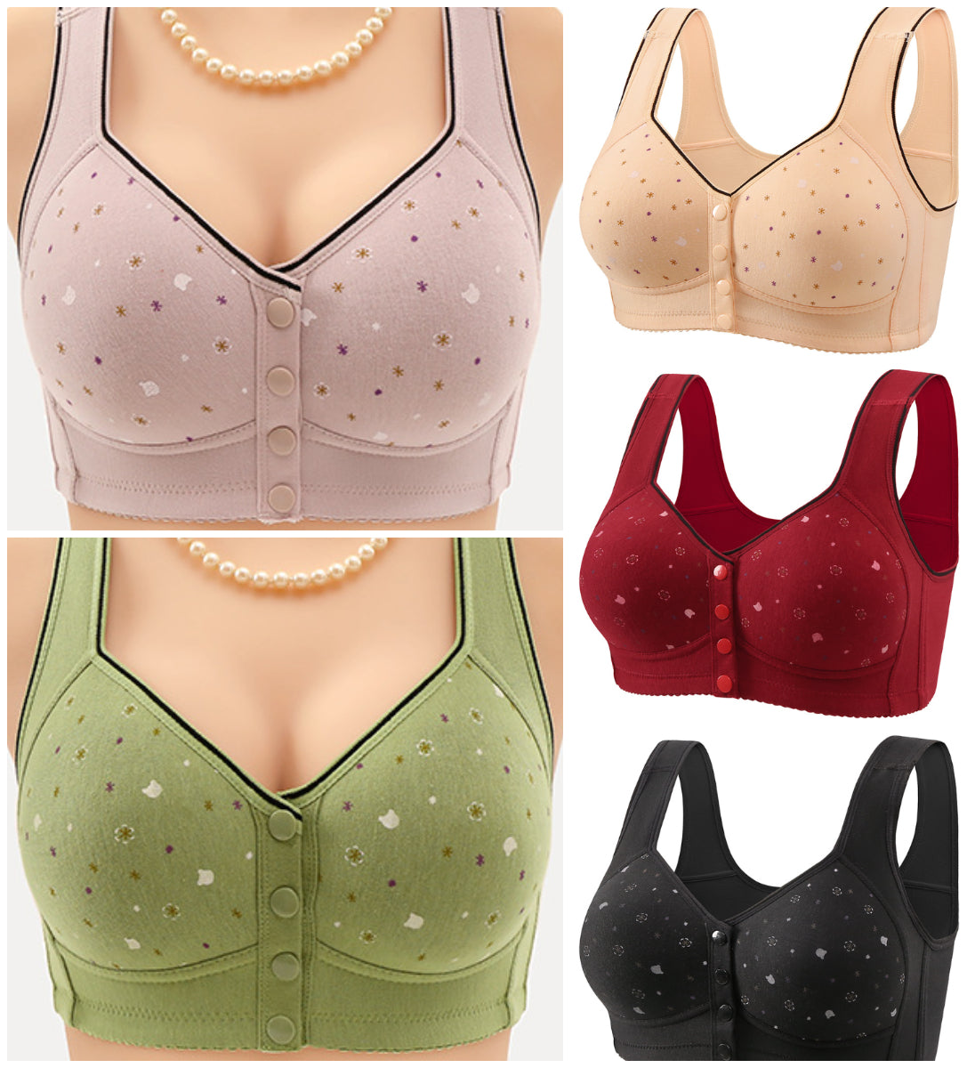 😍Oferta limitowana【5 sztuk】Damski biustonosz bez fiszbin, zapinany z przodu【40-120 kg】❤️Wygodna, antybakteryjna, naturalna bawełna