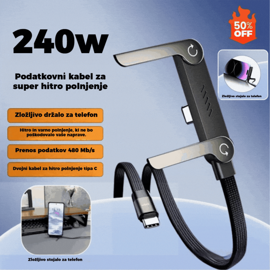 🔥Kupite 1, dobite 1 gratis!🔥⚡Kabel za hitro polnjenje 2 v 1 z nastavljivim držalom za telefon🔋
