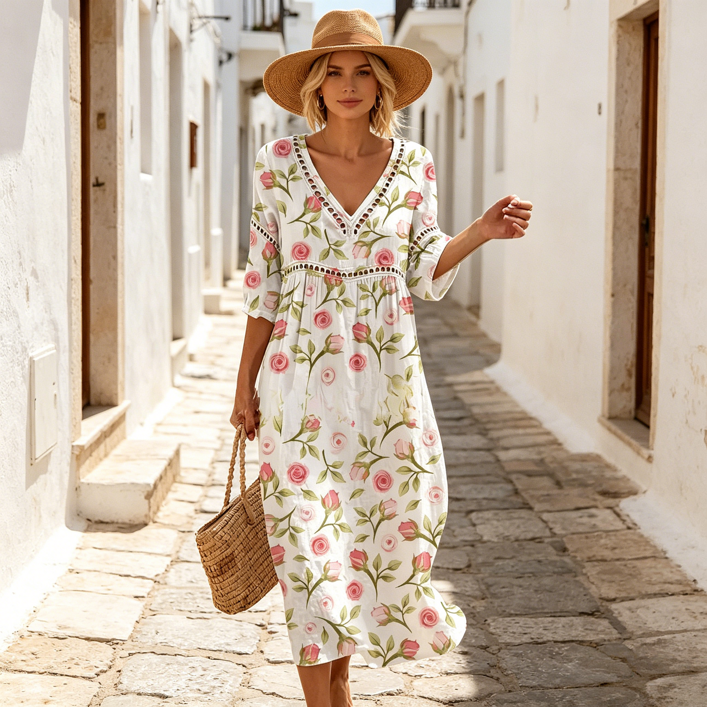 👗【S-3XL】Długa sukienka z bawełny i lnu z kwiatowym nadrukiem, letni styl, dekolt w serek, wyraźna talia, luźna i przewiewna, ukrywa niedoskonałości i stylizuje sylwetkę.