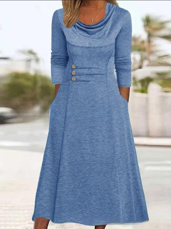 🌟💖【S-3XL】 Nowa, jesienna sukienka 2024 z okrągłym dekoltem i jednokolorowymi kieszeniami w talii--3766499