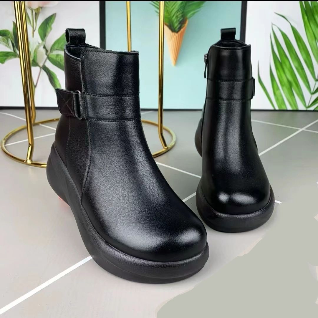 【35-40】Nowe buty zimowe z prawdziwej skóry, na grubej podeszwie i z okrągłym noskiem-3852435