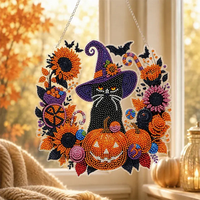 🎃🍂Dekoracija prozora za Noć vještica DIY dijamantna slika, 4 vesela uzorka, veličina 25×25 cm