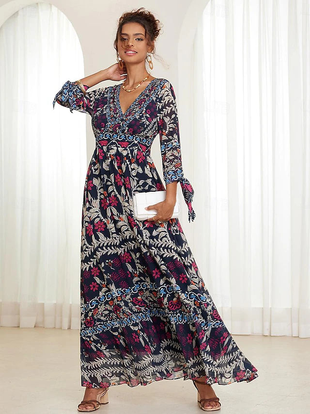 💟【S-5XL】👗Damska długa spódnica z dekoltem w serek i falbaną w kwiaty 2024 lato w nowym stylu--3697541