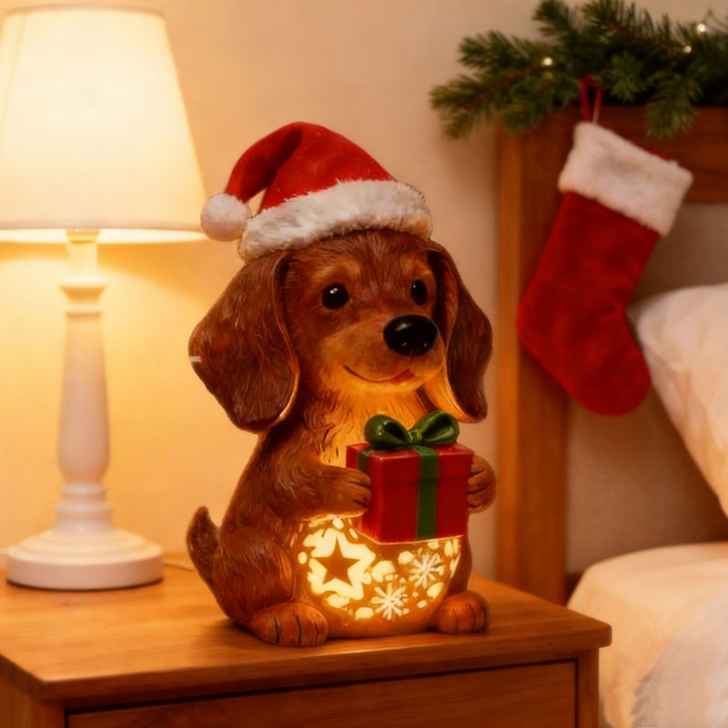 🎄🐶💡Oferta ograniczona czasowo🔥Świąteczne figurki psów, ozdoby w kształcie czapek Mikołaja, świecące pudełka na prezenty, prezenty świąteczne z żywicy