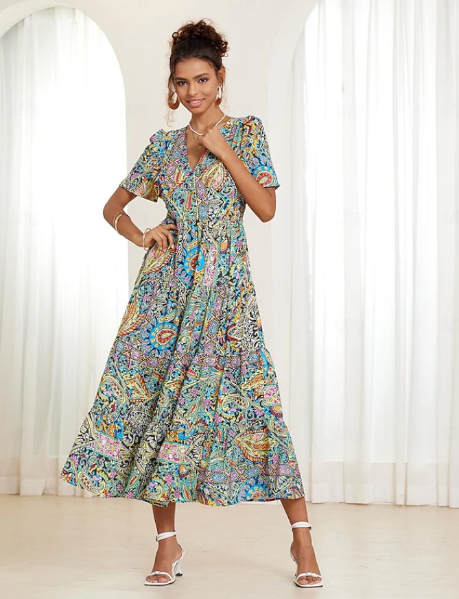 🌈Nowość w promocji【S-5XL】👗Sukienka 2025 z seksownym dekoltem w serek i eleganckim nadrukiem