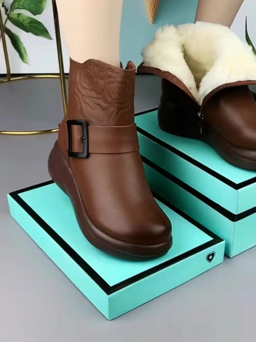 【35-40】Nowe skórzane buty zimowe z grubą podeszwą i okrągłymi noskami