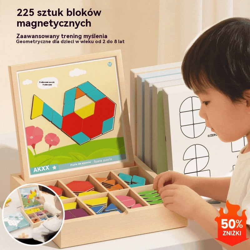 👶🌈🧩【128 elementów】🔥Magnetyczna drewniana układanka tangram, zabawka edukacyjna dla dzieci, pobudzająca myślenie