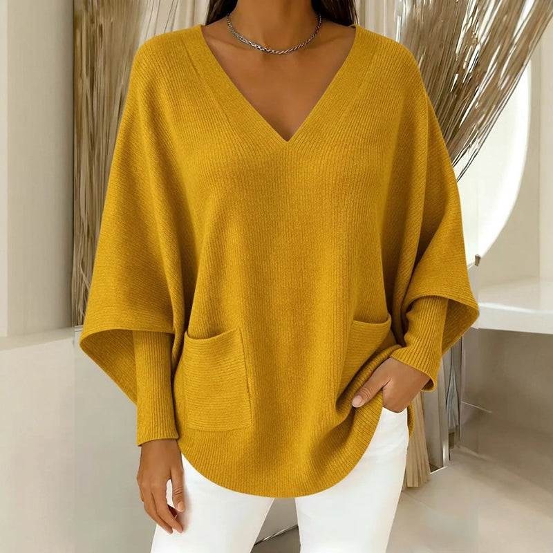 🦇💖【M-4XL】Novi ženski široki pleteni džemper, s džepovima, rukavima u obliku šišmiša i jednobojnim V-izrezom.