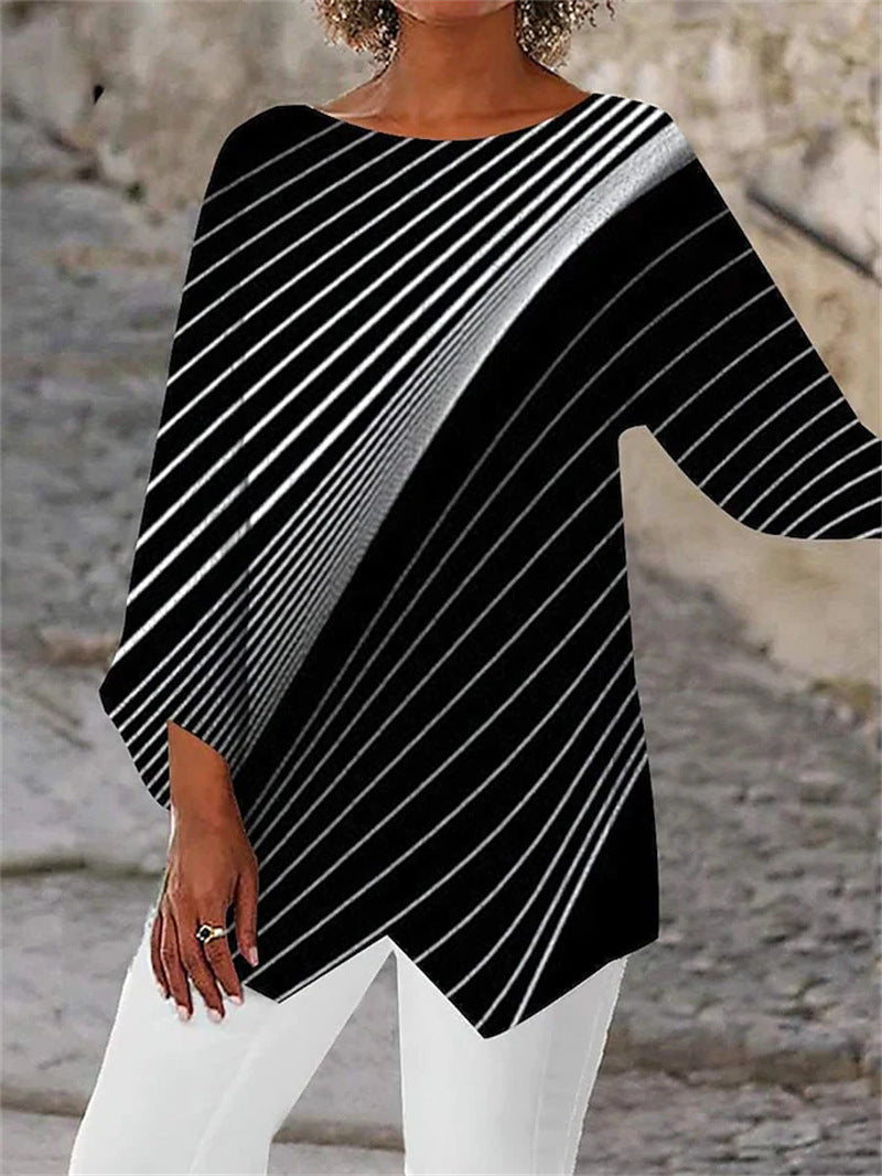 🌹👕【S-5XL】2025 Wiosna i Lato Nowy Geometryczny Nadruk Długi Rękaw Okrągły Dekolt Damska Koszulka T-shirt