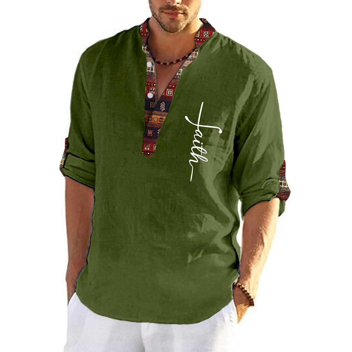 đ„Promocja ograniczona czasowođ„MÄska lniana, baweĆniana koszula z nadrukiem i dekoltem w ksztaĆcie litery V 3722223