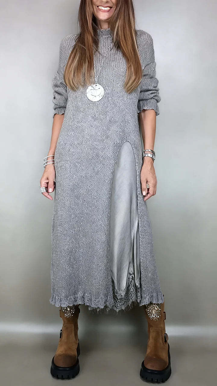【XS-3XL】👗Nov čipkast komplet, z razporki, pulover dizajn, dvodelni komplet obleke in puloverja s trakovi in razporkom