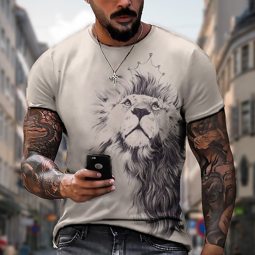 【50% zniżki】【S-5XL】🌞Męski T-shirt z lwem z nadrukiem 3D, duże rozmiary_3625518