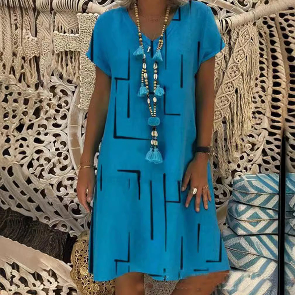 🥻🌲【S-5XL】Nowa sukienka z nadrukiem z dekoltem w serek, wykonana z bawełny i lnu: przyjazna dla skóry i miękka