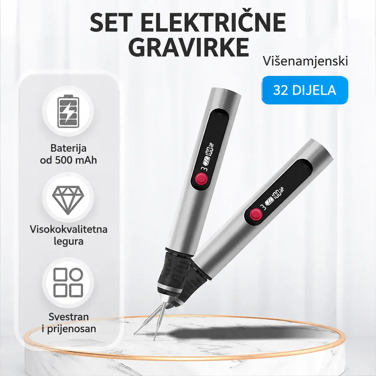 Izdržljiva, punjiva, višefunkcijska litij-ionska olovka za graviranje, namijenjena za ukrašavanje noktiju te električno poliranje i brušenje