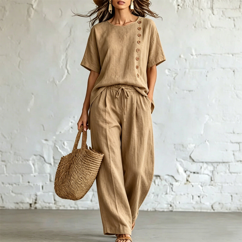 🎨 Oferta ograniczona czasowo👖👚 【Komplet: koszulka + szerokie spodnie】 Modny, codzienny zestaw wykonany z bawełny i lnu, wygodny i oddychający.