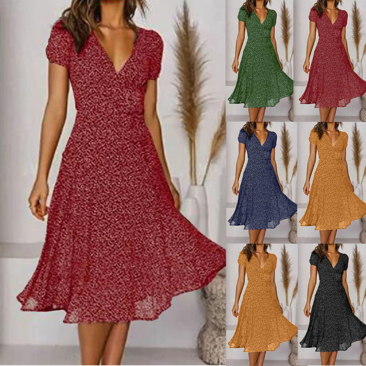 💖💃【50% zniżki 🔥】【S–3XL】Letnia damska sukienka w dużych rozmiarach z dekoltem w serek i krótkim rękawem, w kwiatowe kropki