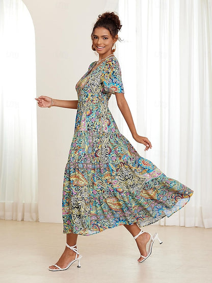 🌈【S-5XL】【Gorąca wyprzedaż】👗2024 Nowa seksowna sukienka z dekoltem w szpic i eleganckim nadrukiem--3695535