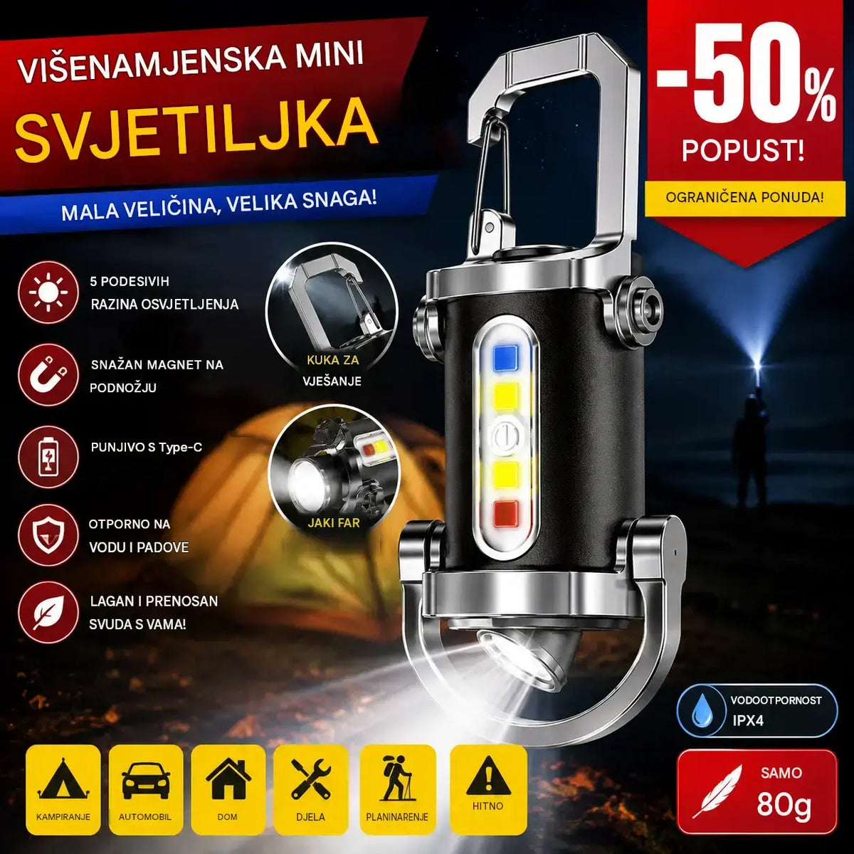【Kupi 1 i dobiješ 1 besplatno】🔥Velika ponuda🔥Mini svjetiljka za ključeve, super svijetla i vodootporna s izlazom od 1200 lm