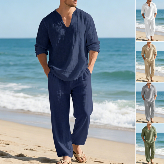 🌴 50% popusta🔥【Majica + hlače】Muško ležerno laneno odijelo širokog kroja s V-izrezom za plažu. ✅️Plaćanje pouzećem ✅️2 artikla sa 70% popusta