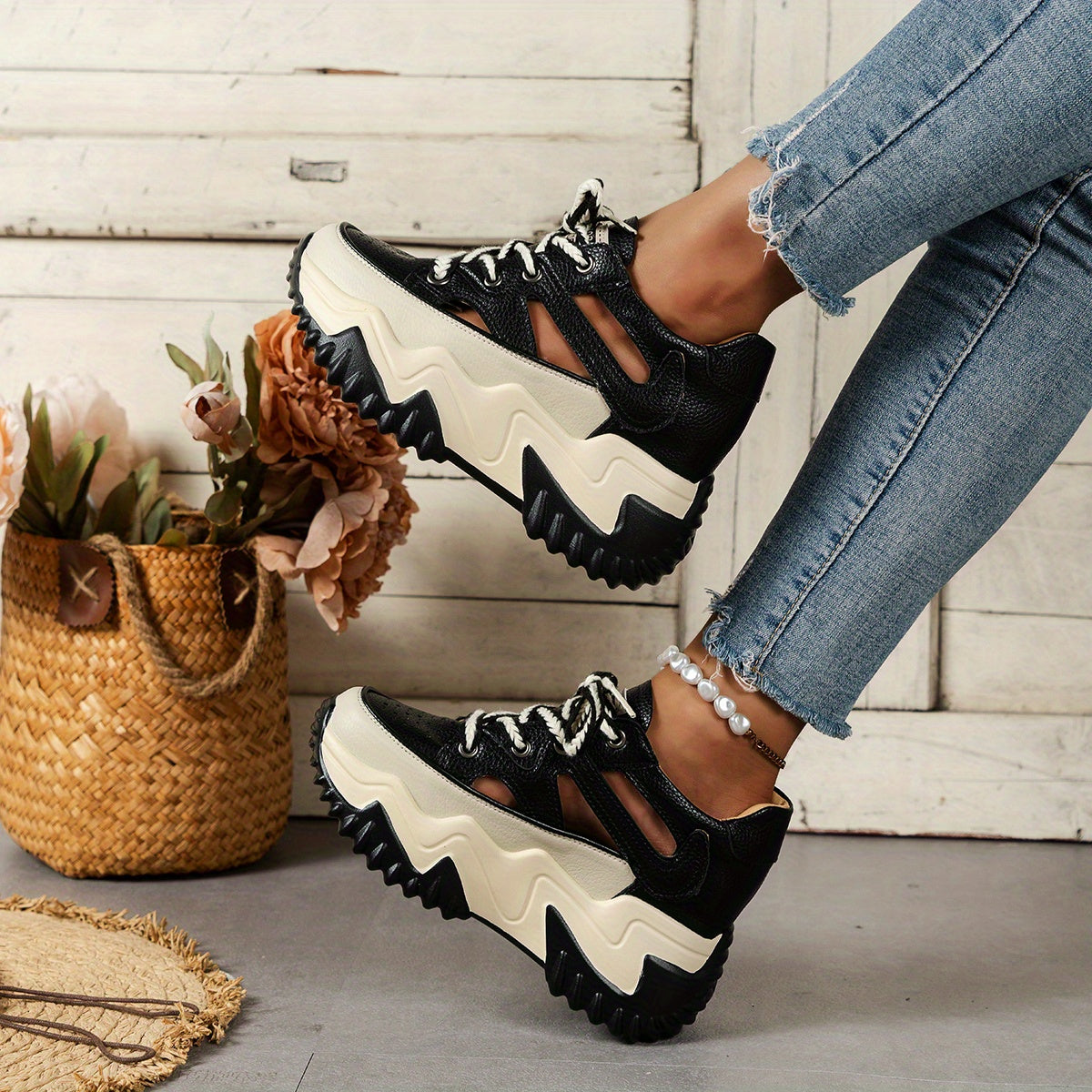 🔥【Bestseller】【35-40】Damskie sandały na koturnie z wycięciem, oddychające sznurowane buty outdoorowe, codzienne sandały na platformie