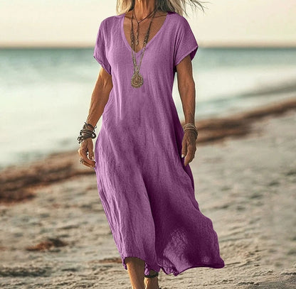 👗🎁💖【S-5XL】Ženska haljina od pamuka i lana s puf rukavima i gumbima
