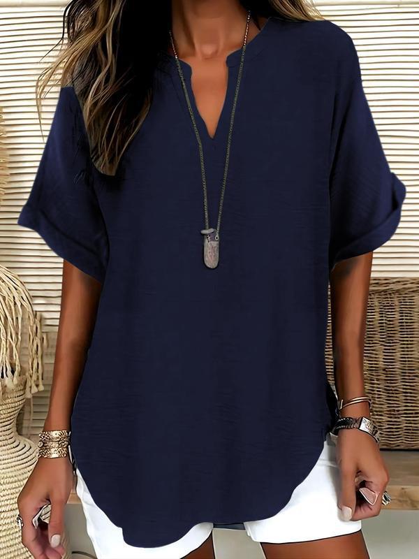 😍🔥【Nowość z 50% zniżką tylko przez 3 dni】【Rozmiary S-5XL】Elegancki jednokolorowy letni top z szyfonu z krótkim rękawem, duże rozmiary