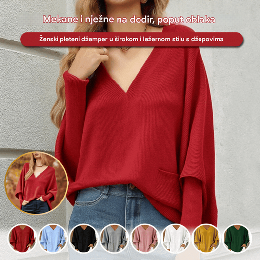🦇💖【M-4XL】Novi ženski široki pleteni džemper, s džepovima, rukavima u obliku šišmiša i jednobojnim V-izrezom.