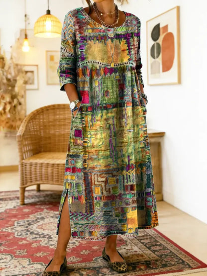 ✨ Ostatni dzień z 50% rabatem!【S-5XL】Letnia sukienka w stylu retro z okrągłym dekoltem i nadrukiem – lekka, zwiewna, wyszczuplająca i łatwa w stylizacji.