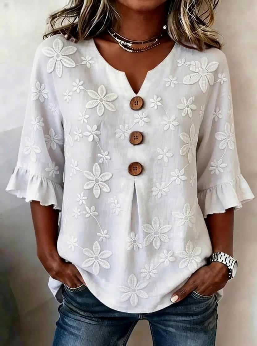 👚🌹[S-5XL] Nova ženska košulja s V-izrezom i volanima — mješavina pamuka i lana s gumbima: jednostavna i elegantna.
