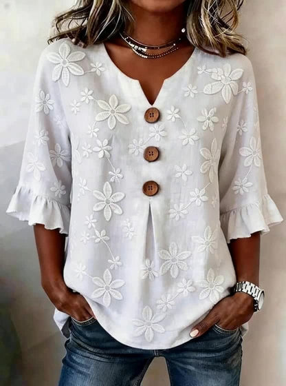 👚🌹[S-5XL] Nova ženska košulja s V-izrezom i volanima — mješavina pamuka i lana s gumbima: jednostavna i elegantna.