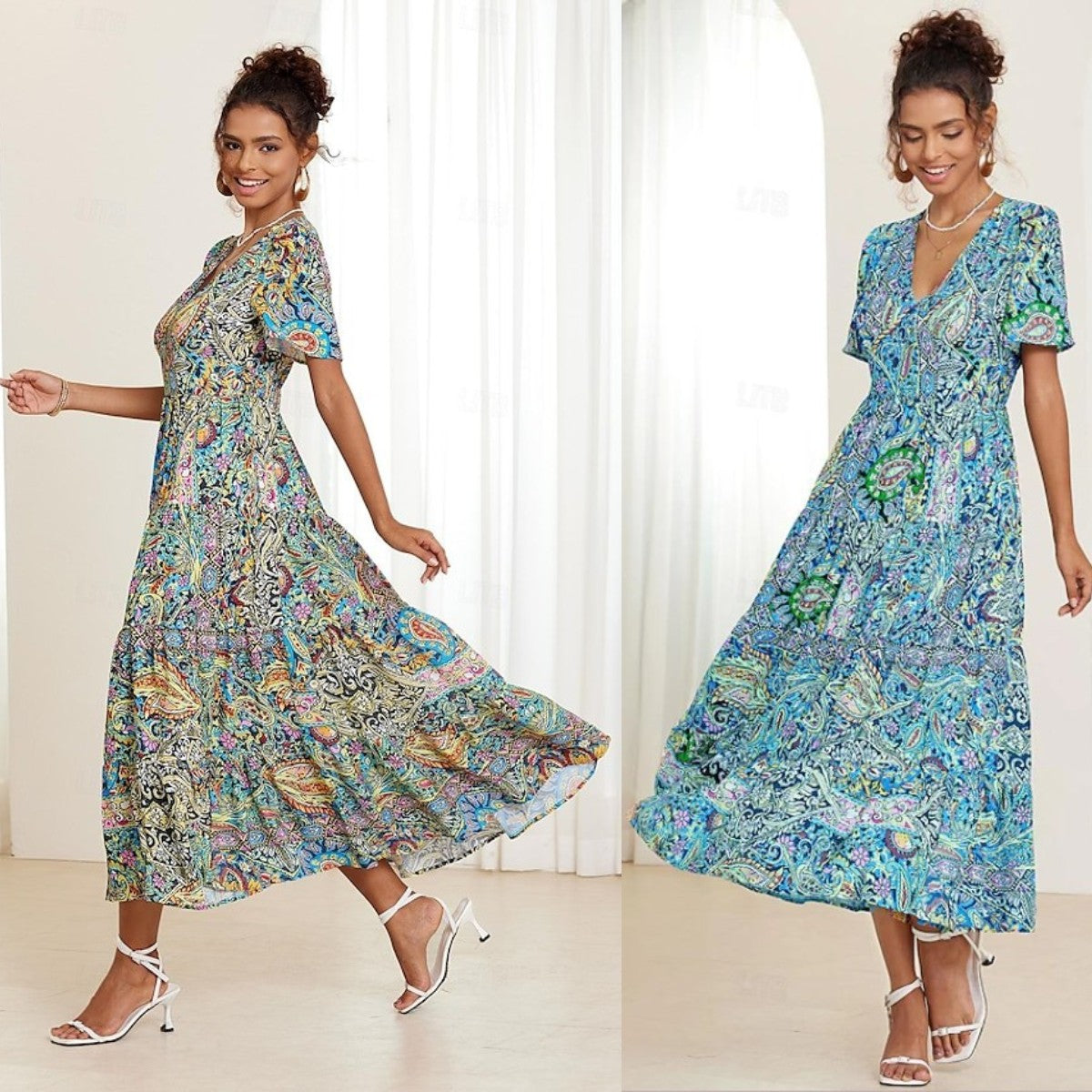 🌈【S-5XL】【Gorąca wyprzedaż】👗2024 Nowa seksowna sukienka z dekoltem w szpic i eleganckim nadrukiem--3695535