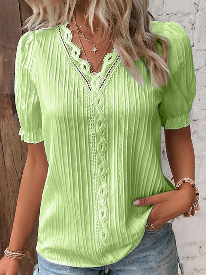 ✨💕👚【Specjalna cena】🔥[S-5XL] 2025 Lato Nowa moda Casual Jednolity kolor Szyfon Krótki rękaw Koronkowy top