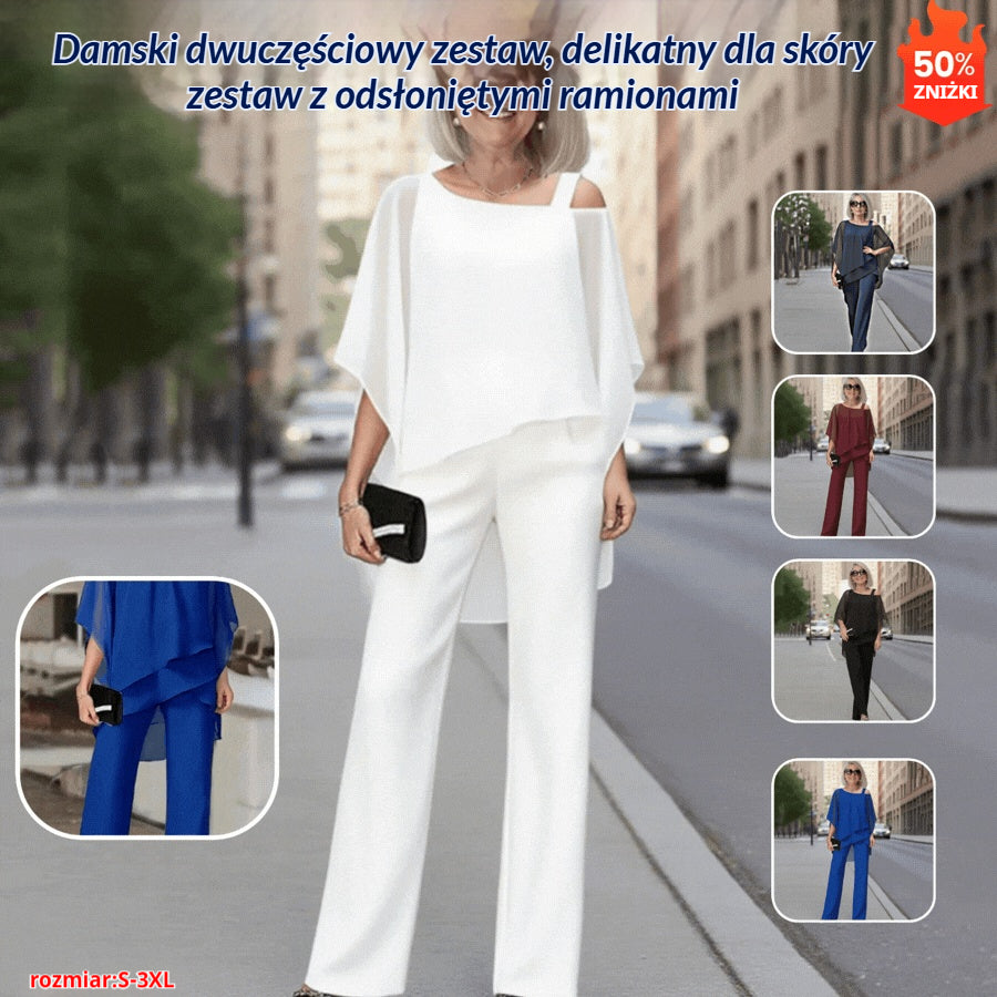 ⏳Promocja Czasowa⏰【Dla kobiet o wadze 50-120 kg】👚👖 Zestaw dwuczęściowy dla kobiet, przyjemny dla skóry zestaw z odkrytymi ramionami ✅【Bluzka + Spodnie】
