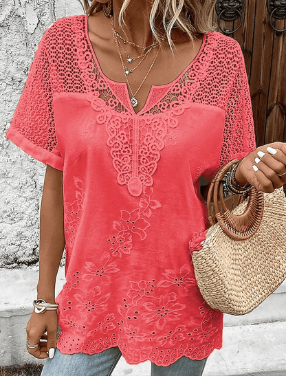 【S-6XL】 2025 modne damskie koronkowe krótkie rękawy z dekoltem w szpic 3914316