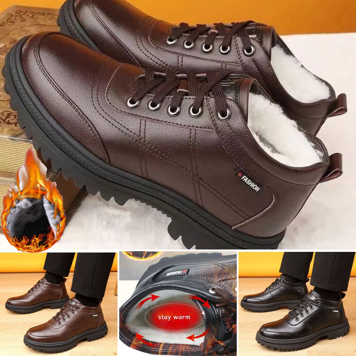 🔥Oferta ograniczona czasowo🔥【39-44】 Zimowe, ciepłe męskie skórzane buty z grubą podeszwą 3862904
