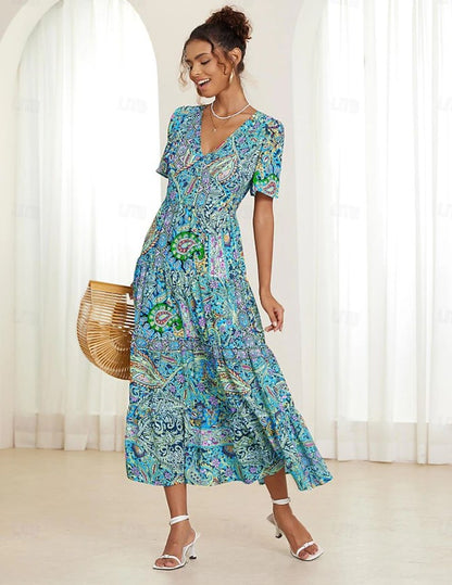 🌈Nowość w promocji【S-5XL】👗Sukienka 2025 z seksownym dekoltem w serek i eleganckim nadrukiem