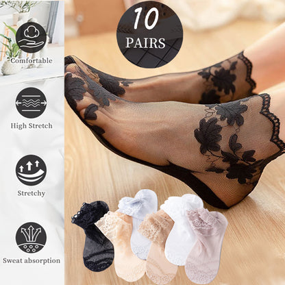 【10 par】 Piękne, niewidoczne, koronkowe, antypoślizgowe, cienkie skarpetki 3619044