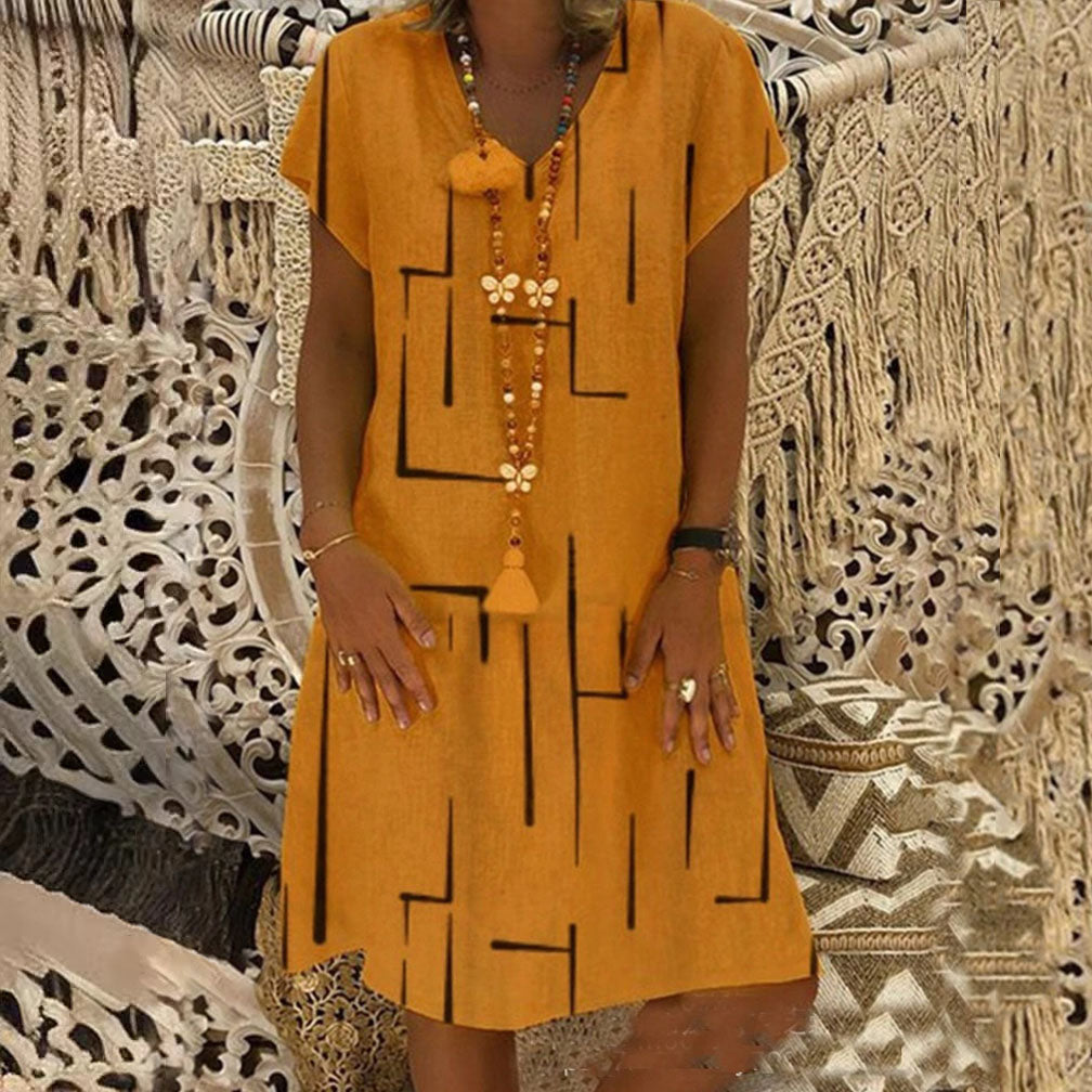 🥻🌲【S-5XL】Nowa sukienka z nadrukiem z dekoltem w serek, wykonana z bawełny i lnu: przyjazna dla skóry i miękka