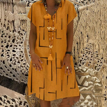 🥻🌲【S-5XL】Nowa sukienka z nadrukiem z dekoltem w serek, wykonana z bawełny i lnu: przyjazna dla skóry i miękka