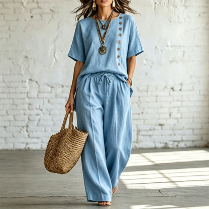 🎨 Oferta ograniczona czasowo👖👚 【Komplet: koszulka + szerokie spodnie】 Modny, codzienny zestaw wykonany z bawełny i lnu, wygodny i oddychający.