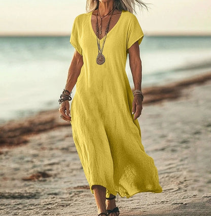 👗🎁💖【S-5XL】Ženska haljina od pamuka i lana s puf rukavima i gumbima
