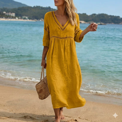 👗【S-3XL】Letnia modna sukienka z bawełny i lnu z dekoltem w serek, przewiewna, wygodna i niekrępująca ruchów