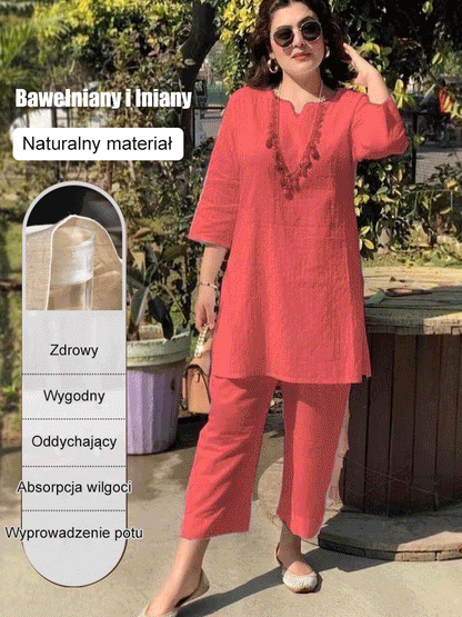 🌼【40-100 kotów】Nowy letni naturalny bawełniany i lniany miękki garnitur 2025 etniczny styl czysty kolor temperament dojazdy do pracy