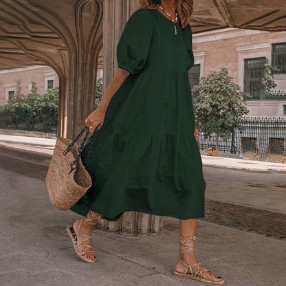 👗Nowość w ofercie 【S-5XL】Letnia sukienka damska w stylu boho z naturalnej bawełny i lnu, z retro okrągłym dekoltem
