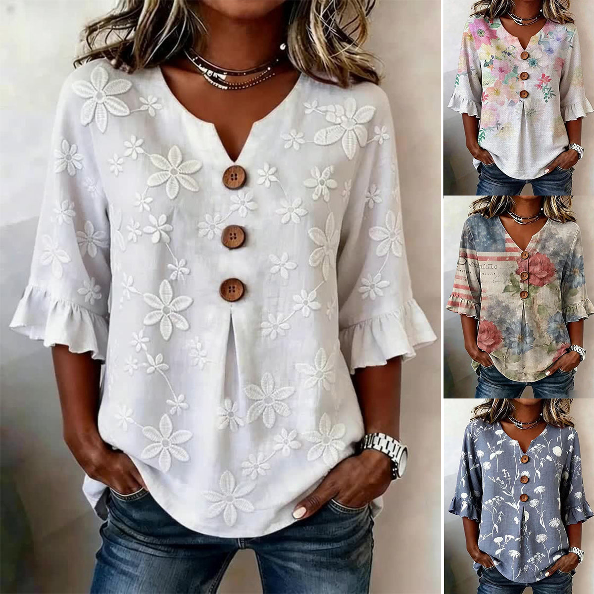 👚🌹[S-5XL] Nova ženska košulja s V-izrezom i volanima — mješavina pamuka i lana s gumbima: jednostavna i elegantna.