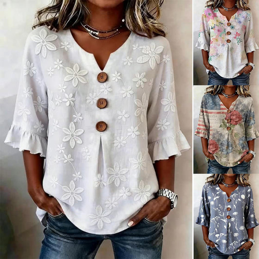 👚🌹[S-5XL] Nova ženska košulja s V-izrezom i volanima — mješavina pamuka i lana s gumbima: jednostavna i elegantna.
