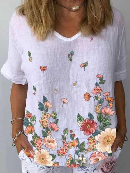 【Letnia nowość】【S-5XL】T-shirt z krótkim rękawem z bawełny i lnu z kwiatowym nadrukiem