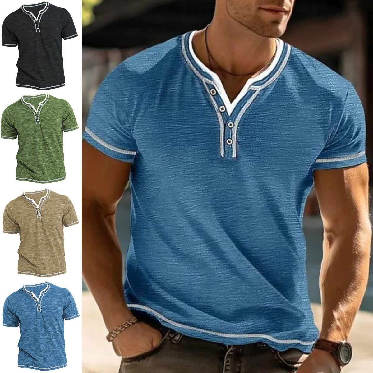 [Koszule męskie 50% rabatu] [S-3XL] Męski T-shirt na co dzień z krótkim rękawem i dekoltem w kształcie litery V--3665633